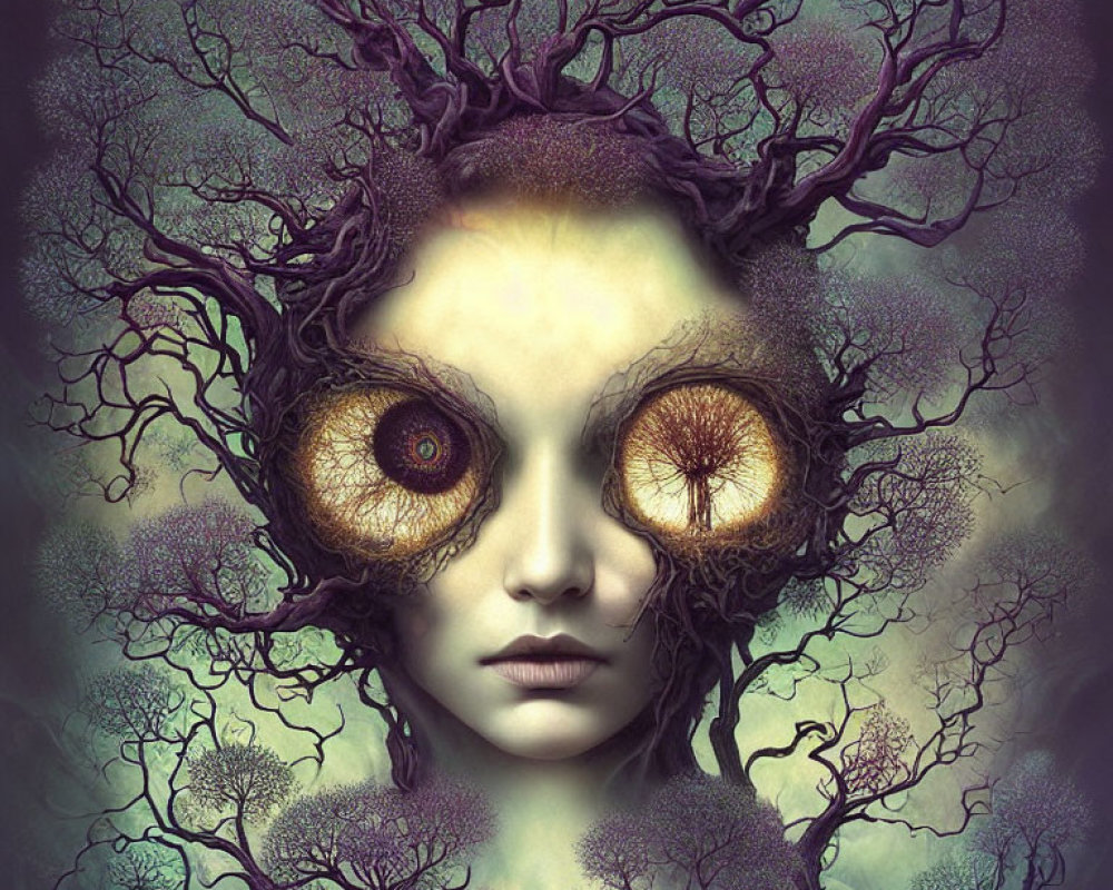 Person with Tree Branch Hair and Hypnotic Eyes in Surreal Portrait