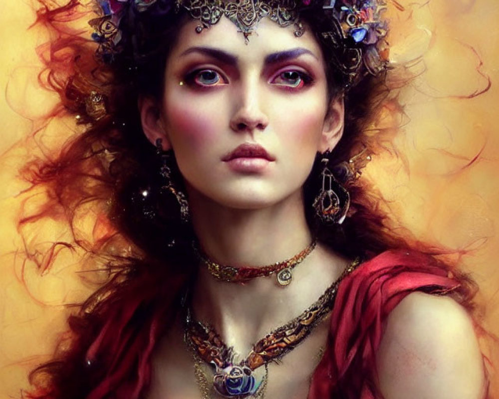 Digital artwork of woman with vibrant red hair, floral and mechanical crown, intense gaze, red and blue