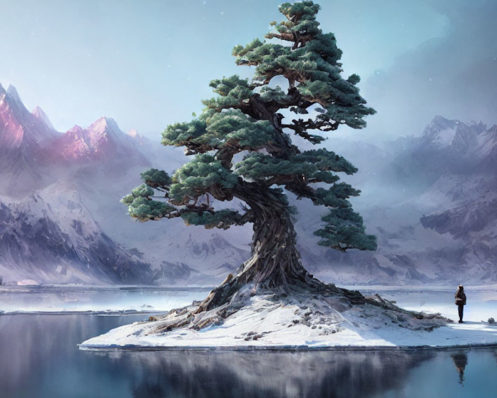 Snow-covered islet with lone figure, majestic tree, tranquil lake, and purple mountains