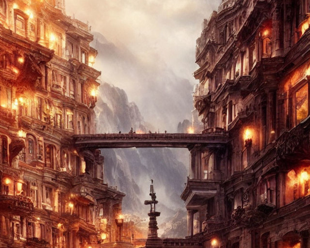 Ornate fantasy cityscape at dusk with glowing lights and dramatic sky