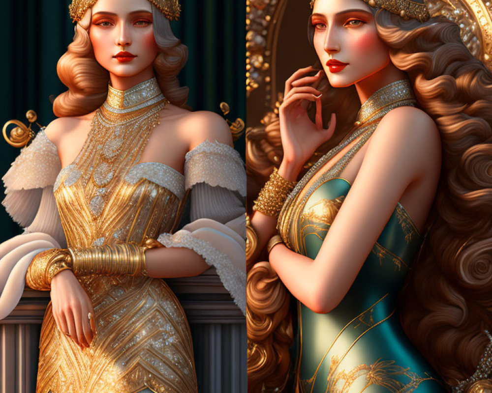 Stylized Elegant Women in Gold Outfits Against Classical Architecture