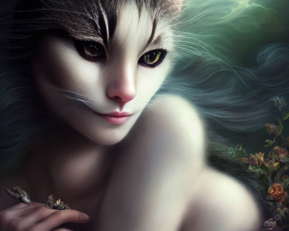 Digital Art: Mystical Cat-Headed Being with Floral Crown