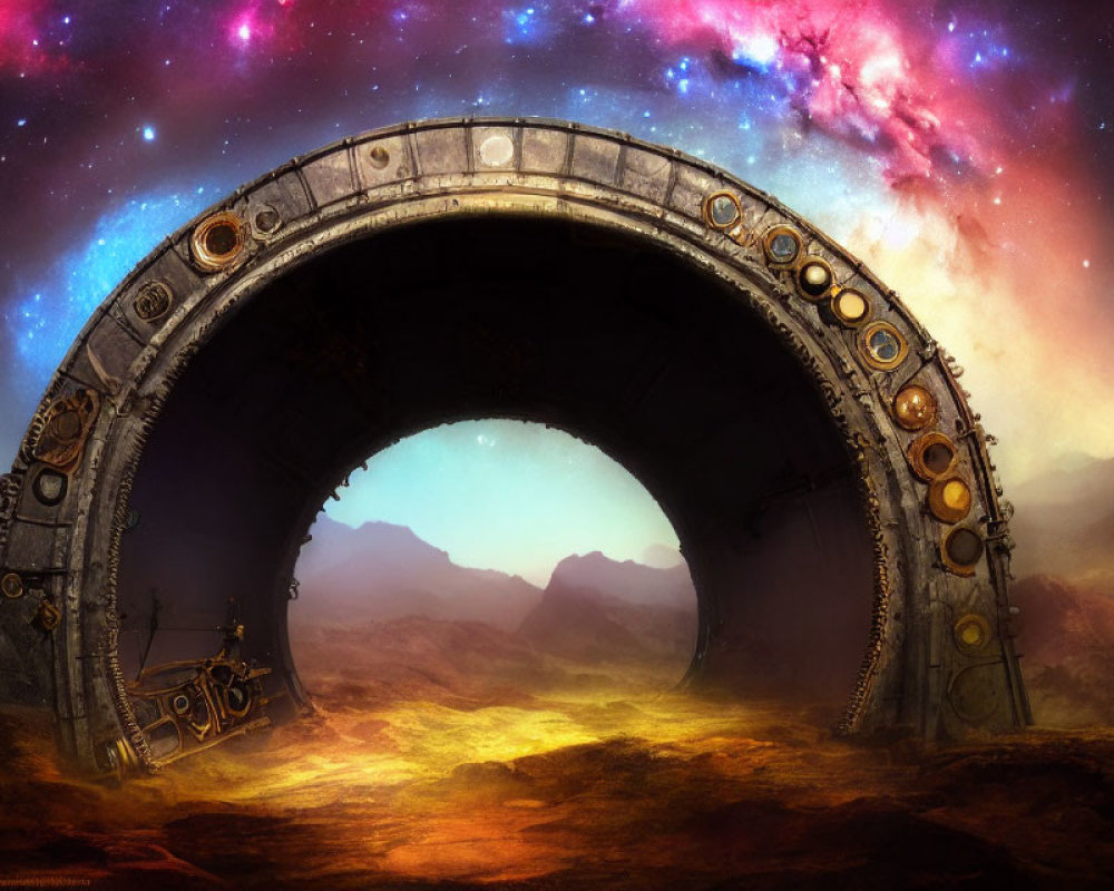 Ancient circular portal in sci-fi desert landscape with colorful nebula