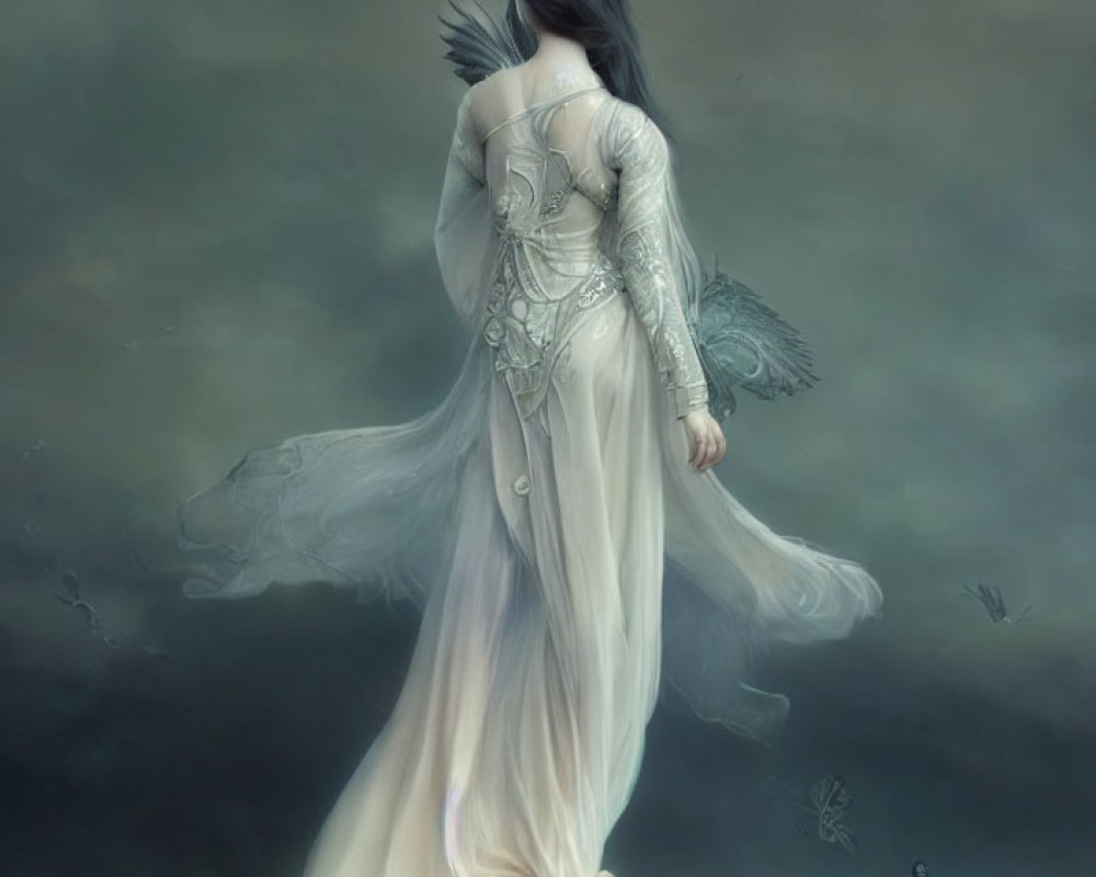 Ethereal figure with dark hair and feathered wings in misty setting