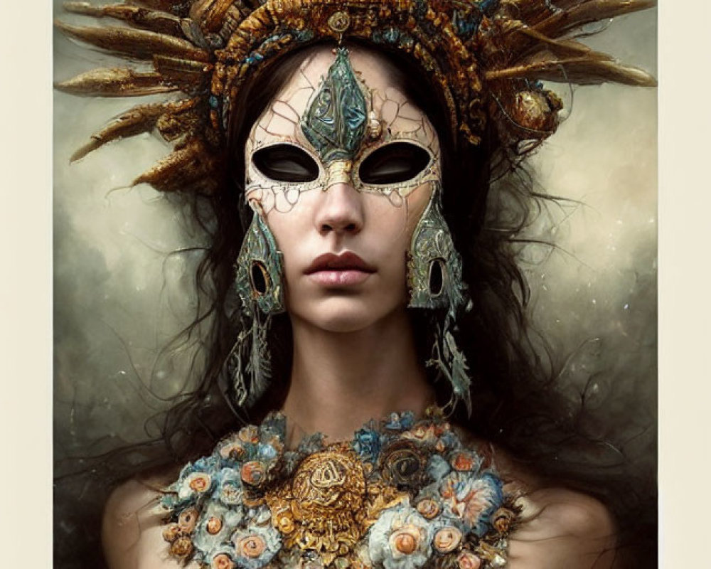 Intricate tribal attire with ornate headdress and mask