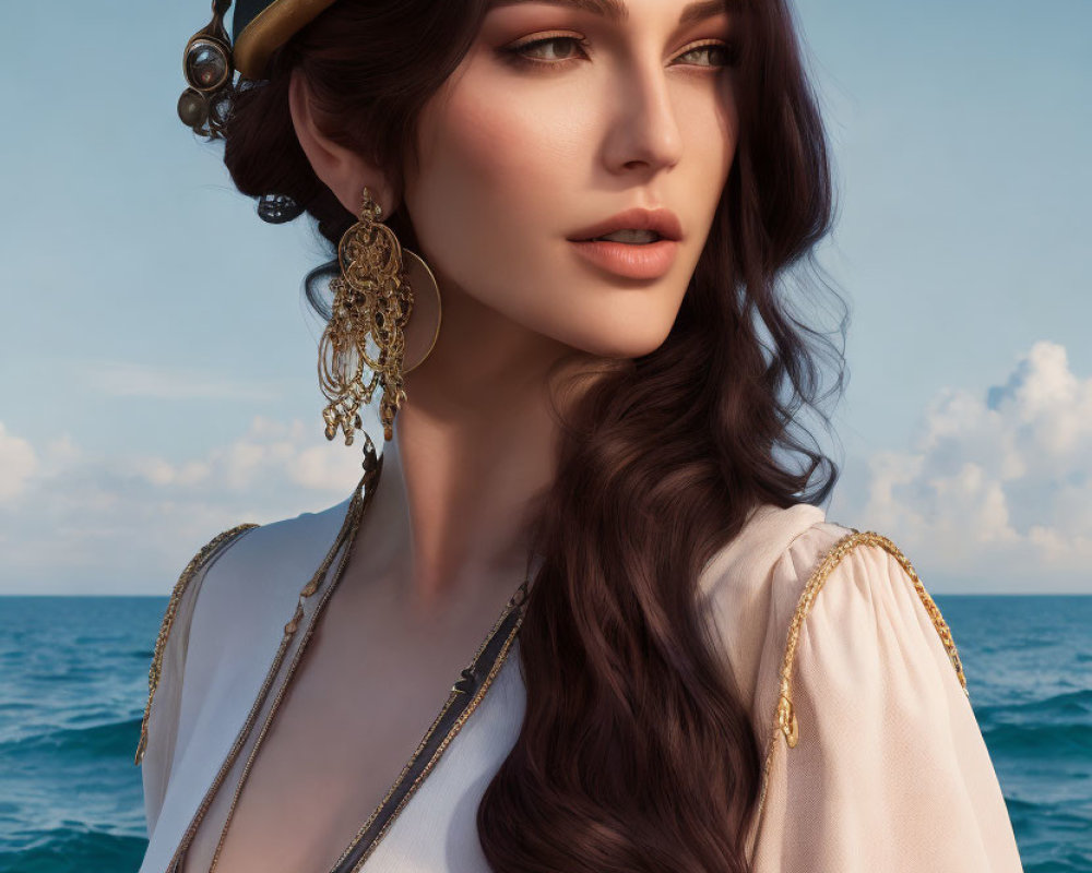 Woman in pirate hat with ocean backdrop, long wavy hair, gold earrings, white blouse.