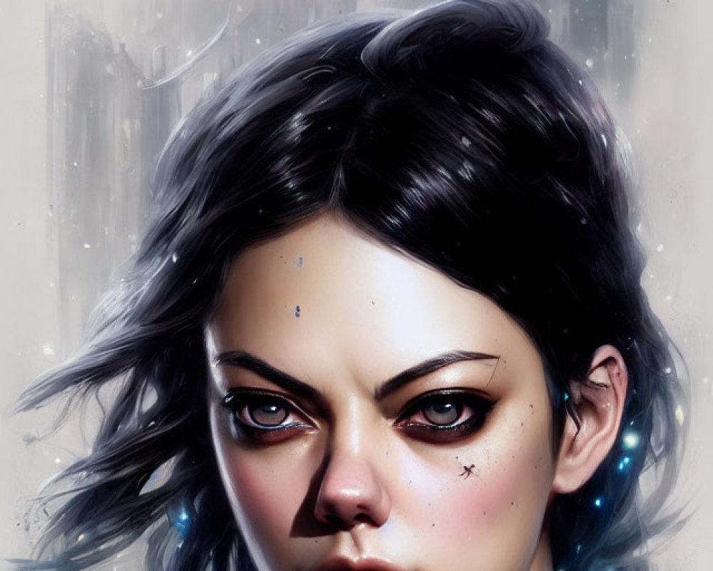 Digital painting: Woman with blue eyes, dark hair, futuristic cityscape.