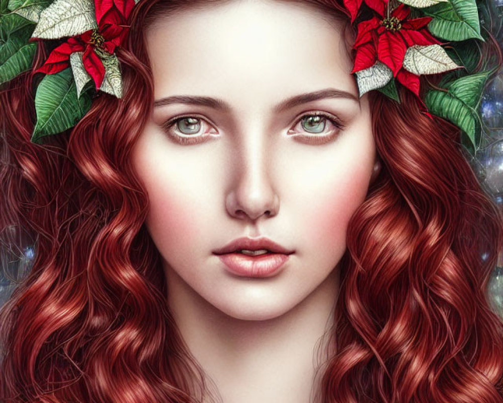 Red-haired woman with green eyes wearing poinsettia wreath embodies serenity and festivity