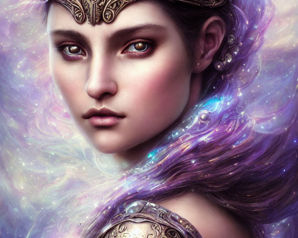 Digital artwork: Woman in golden armor and headdress in purple nebula.