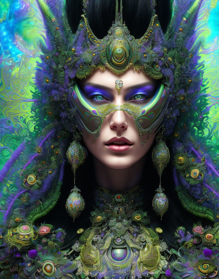 Fantasy portrait of woman with vibrant peacock-inspired makeup and headdress, rich greens, blues,