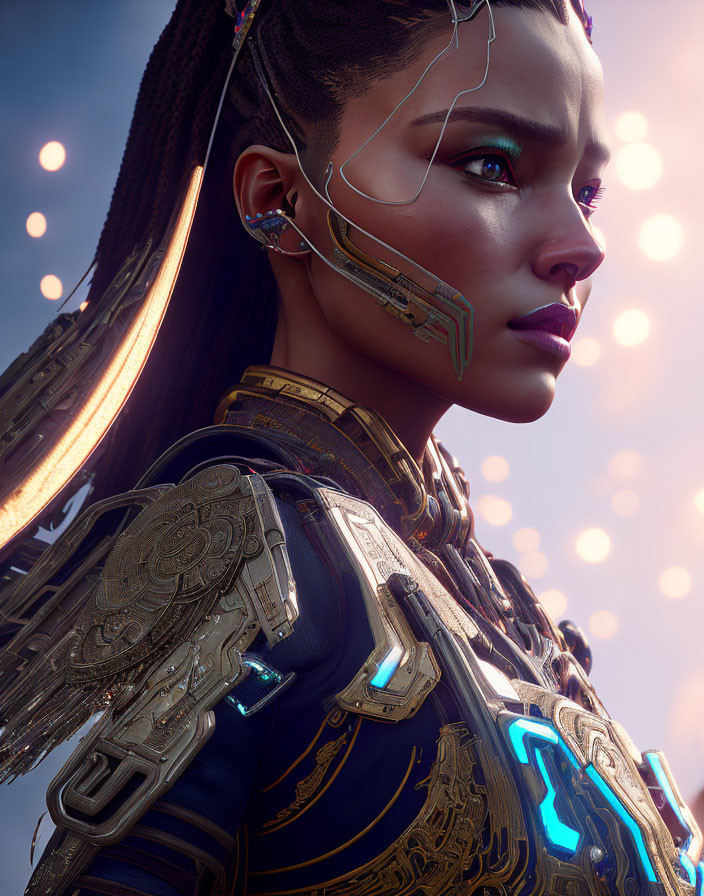 Woman with Cybernetic Enhancements and Tribal Face Markings in Bokeh Light Background