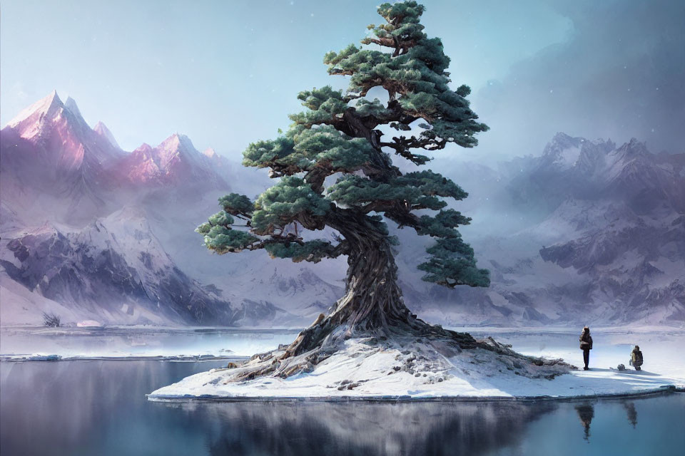 Snow-covered islet with lone figure, majestic tree, tranquil lake, and purple mountains