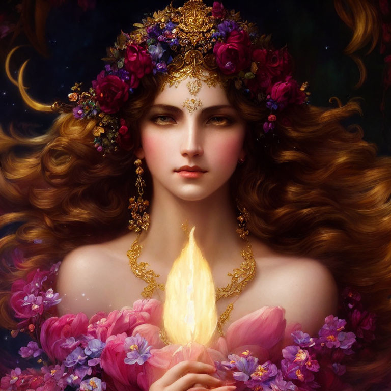 Auburn-haired woman with floral headpiece holding glowing flame among blooming flowers