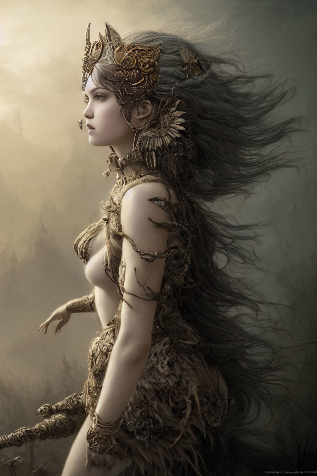 Fantasy Artwork: Woman with Metallic Headgear in Ethereal Forest