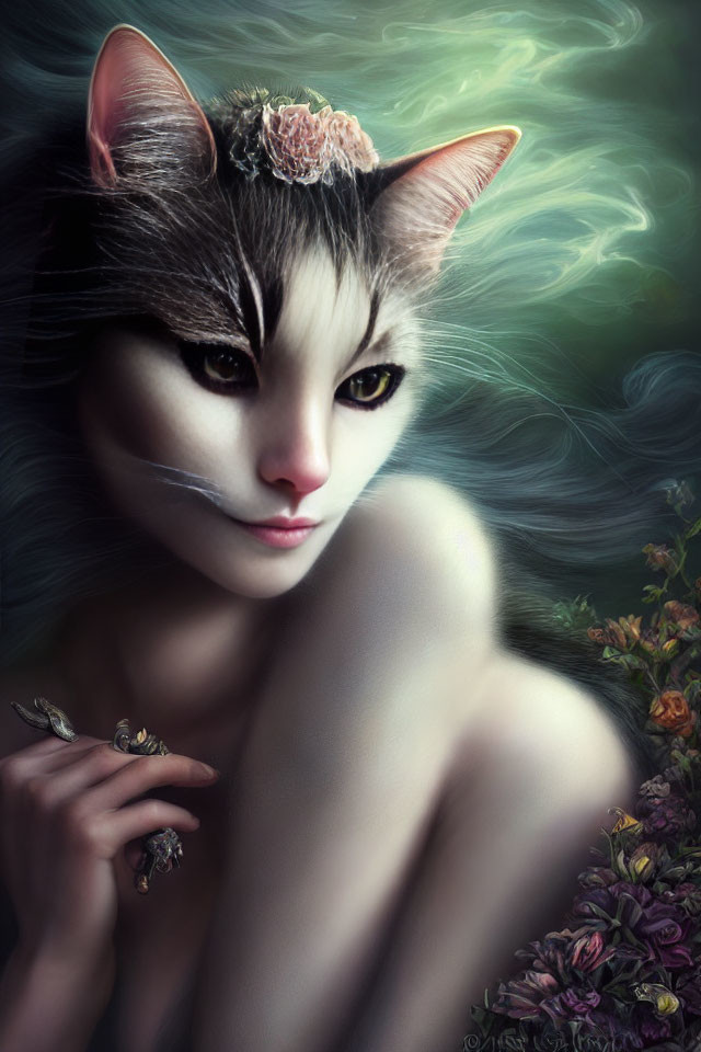 Digital Art: Mystical Cat-Headed Being with Floral Crown