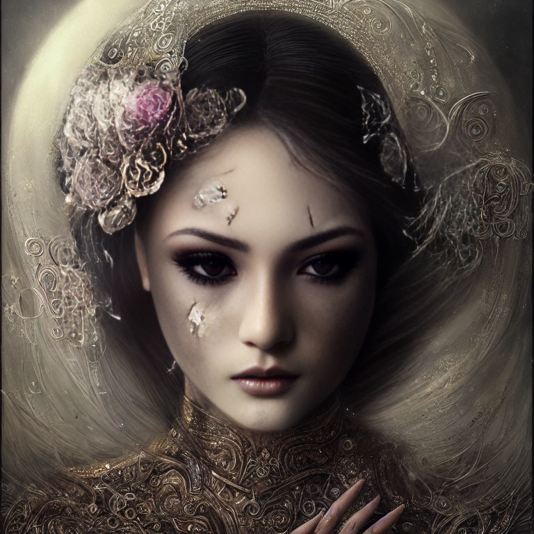 Ethereal woman portrait with ornate headgear and mystical attire