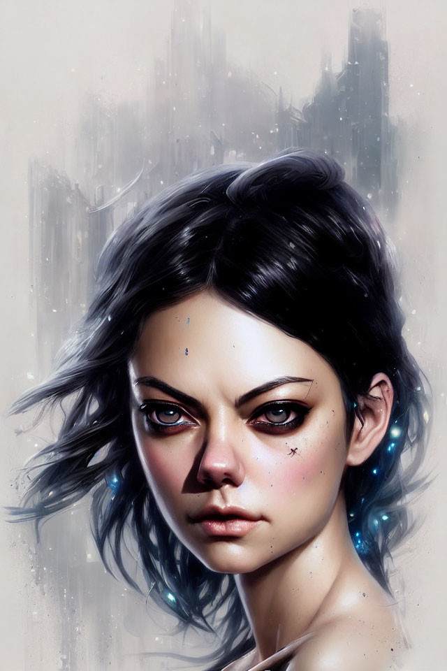 Digital painting: Woman with blue eyes, dark hair, futuristic cityscape.