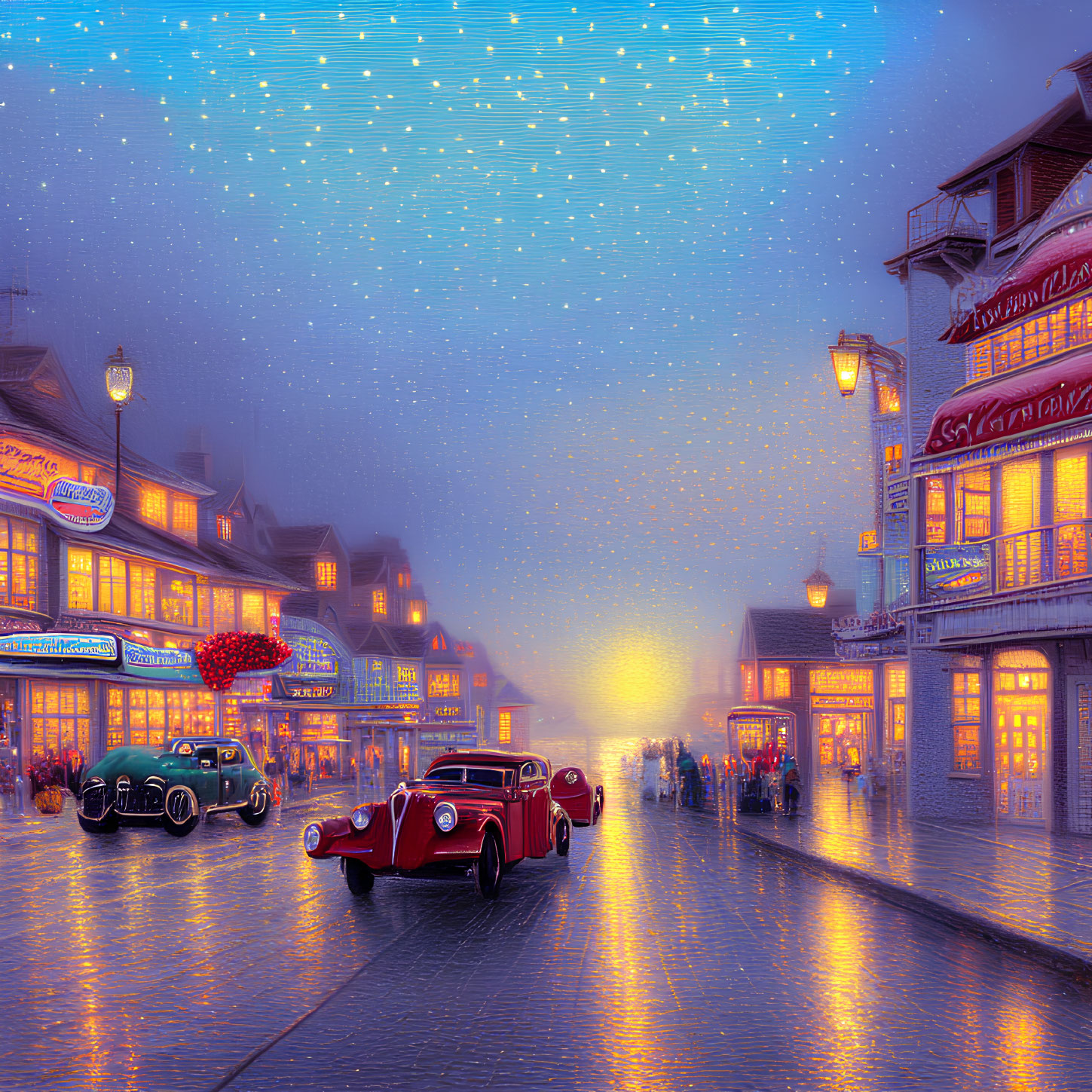 Vintage cars and pedestrians in nostalgic evening street scene