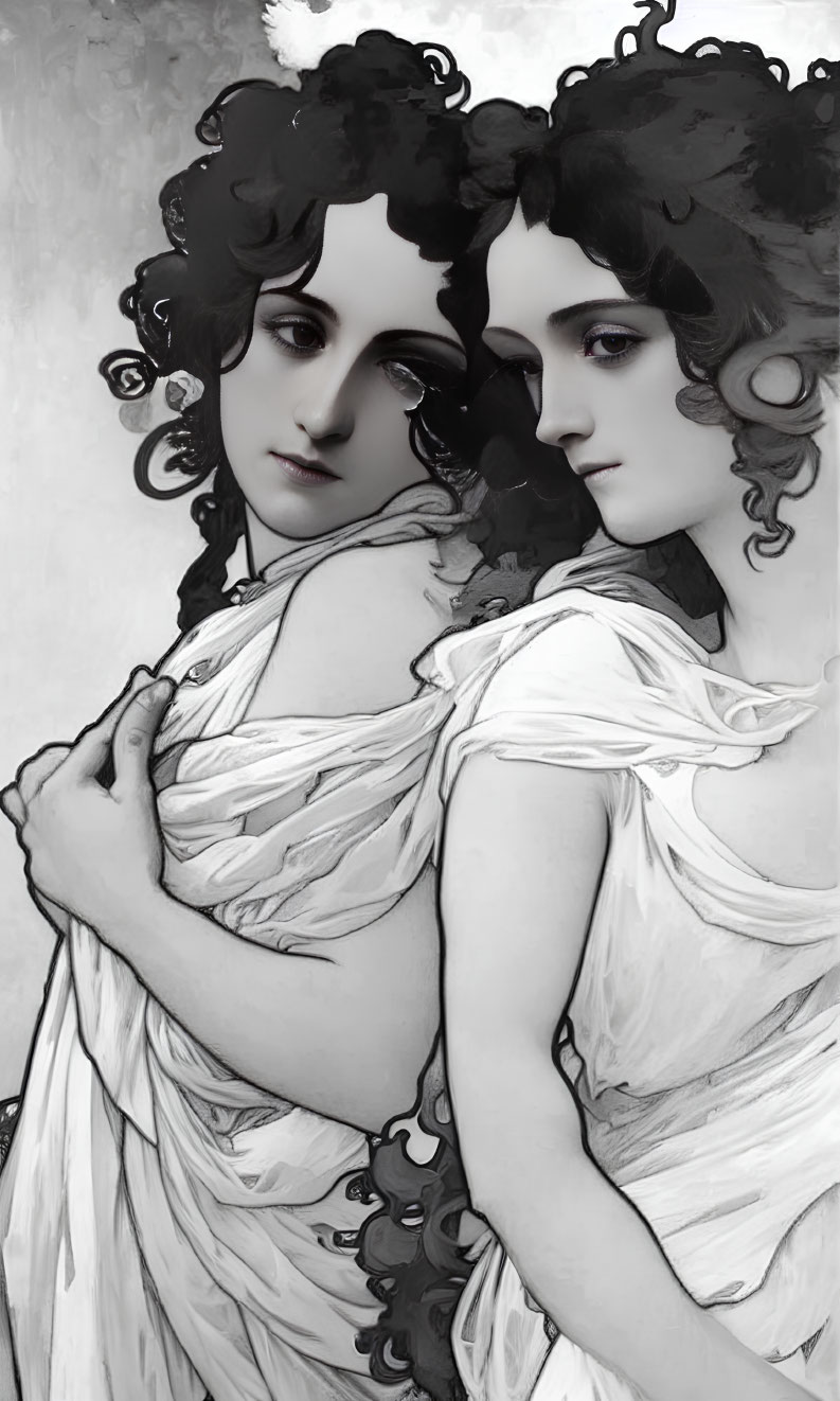 Twins with Curly Hair Embracing in Monochromatic Vintage Style