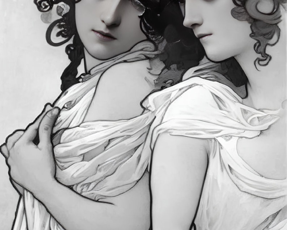 Twins with Curly Hair Embracing in Monochromatic Vintage Style