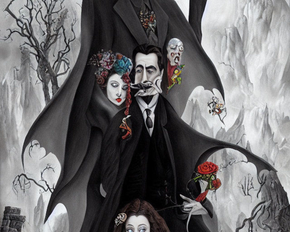 Gothic horror characters in creepy landscape with barren trees