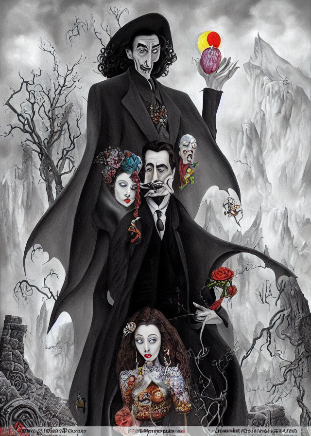 Gothic horror characters in creepy landscape with barren trees