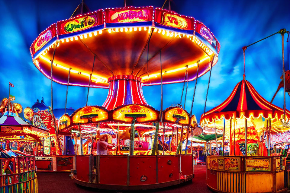 Colorful Fairground Scene with Spinning Carousel at Twilight