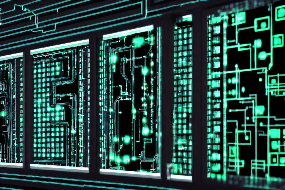 Green futuristic circuit board pattern with glowing lights and neon aesthetic