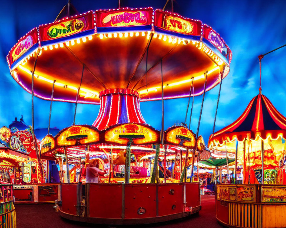 Colorful Fairground Scene with Spinning Carousel at Twilight