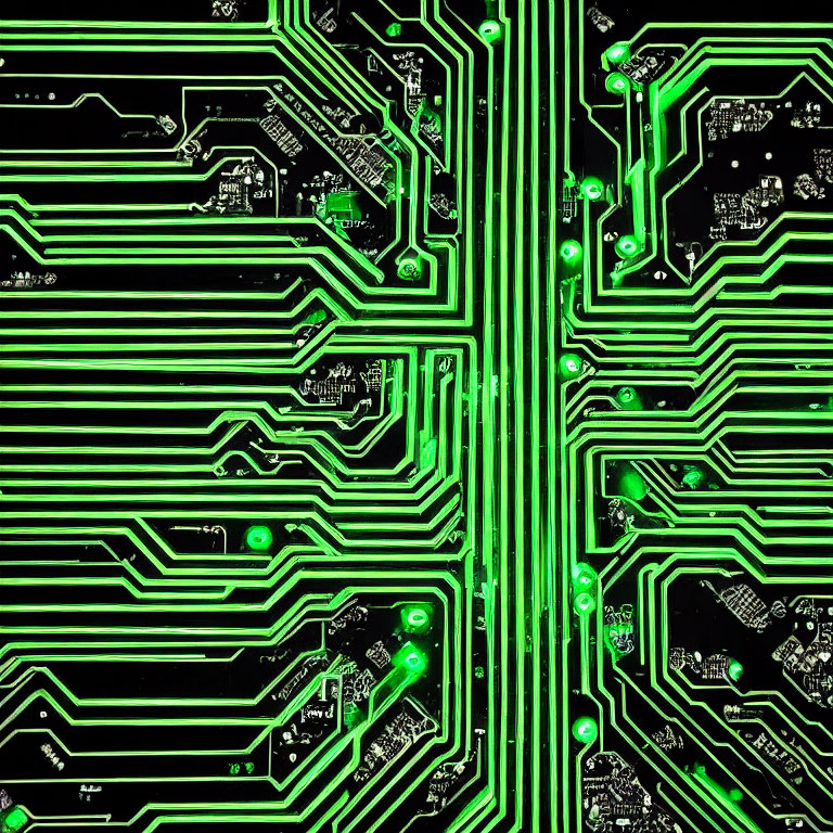 Detailed view of green circuit board with pathways and electronic components.