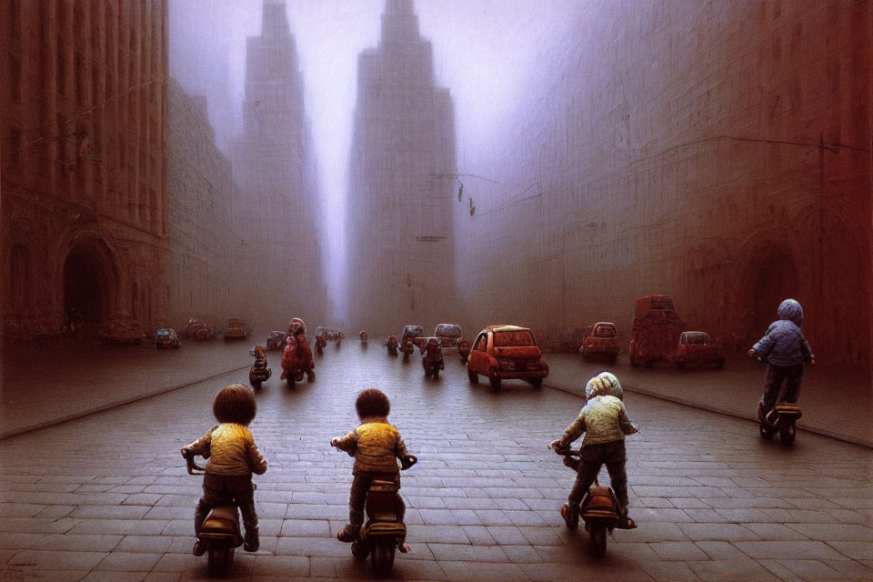 Children on pedal cars in misty urban scene with surreal atmosphere