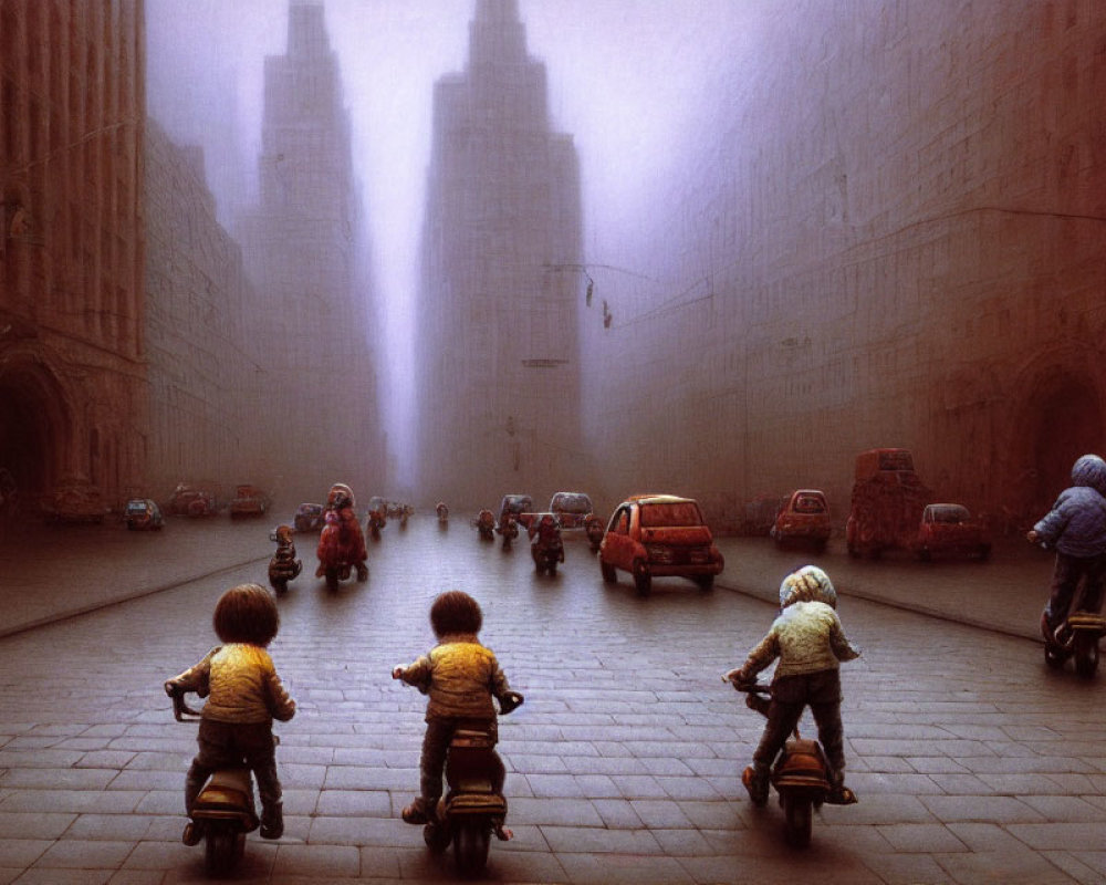 Children on pedal cars in misty urban scene with surreal atmosphere