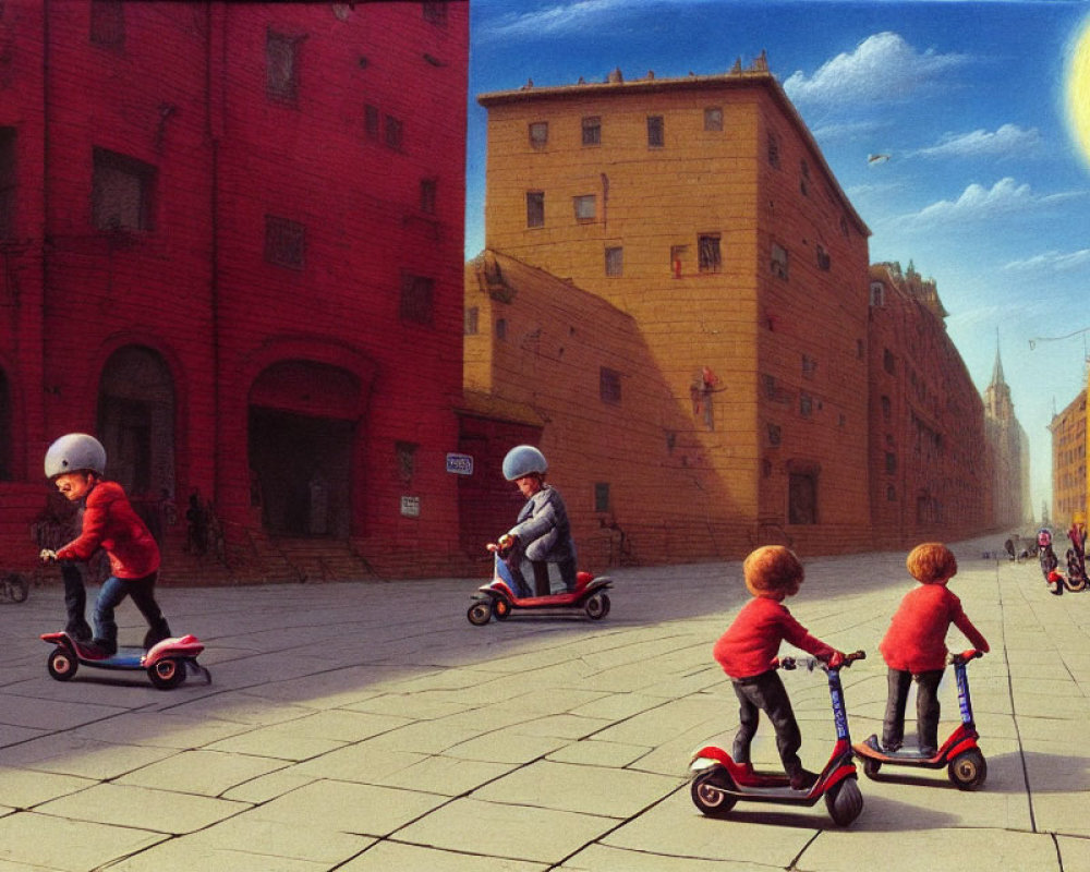 Four children on scooters in red jackets and helmets ride past old European-style buildings on cobblestone