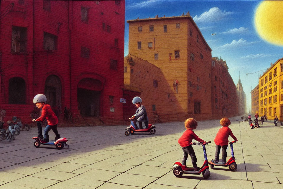 Four children on scooters in red jackets and helmets ride past old European-style buildings on cobblestone