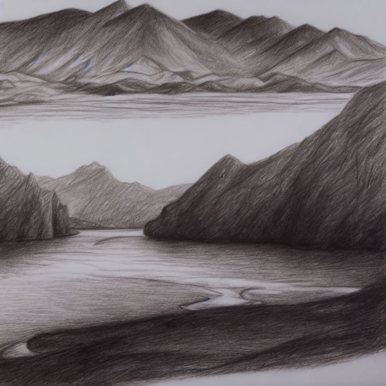Serene landscape pencil sketch with rolling mountains and winding river