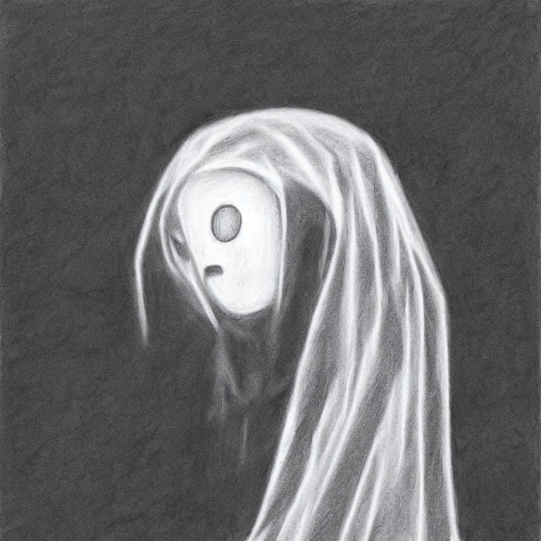 Ghostly Figure Pencil Sketch with Draped Appearance and Eye-like Circle on Dark Background