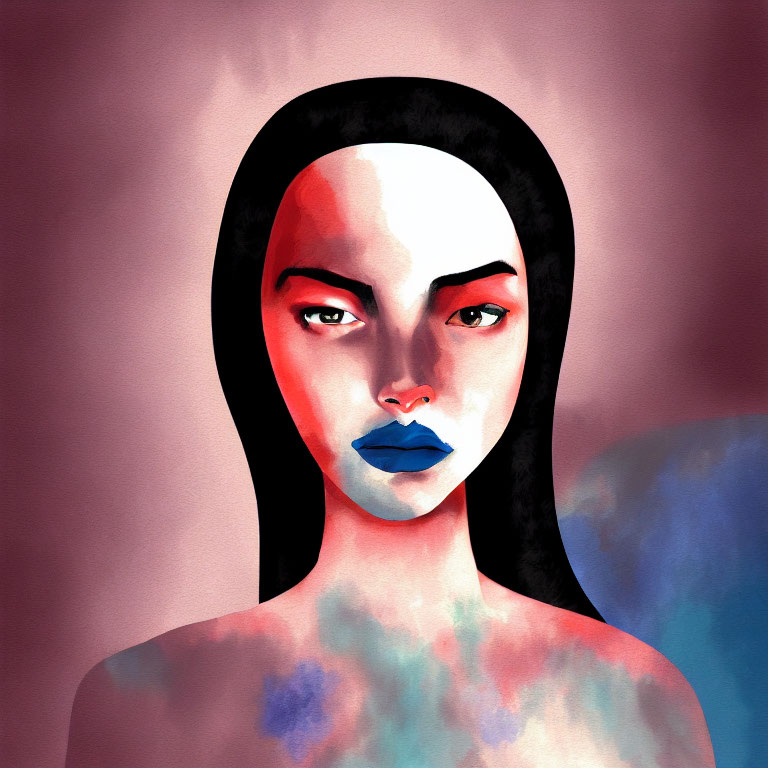 Vibrant female figure with red and blue makeup on abstract background