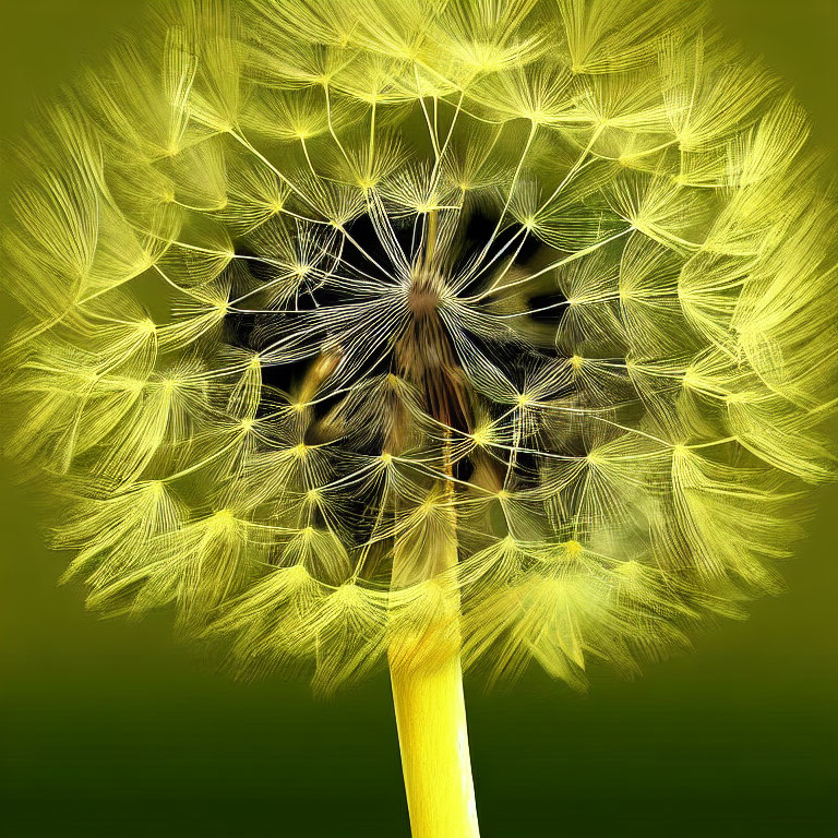 Detailed view of dandelion seed head on green backdrop