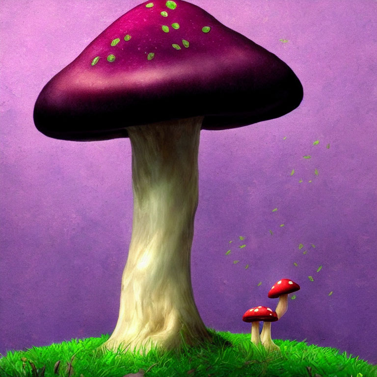 Stylized mushrooms with red caps on purple background