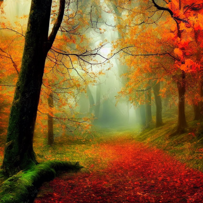 Mystical Autumn Forest with Red Leaves and Misty Trees