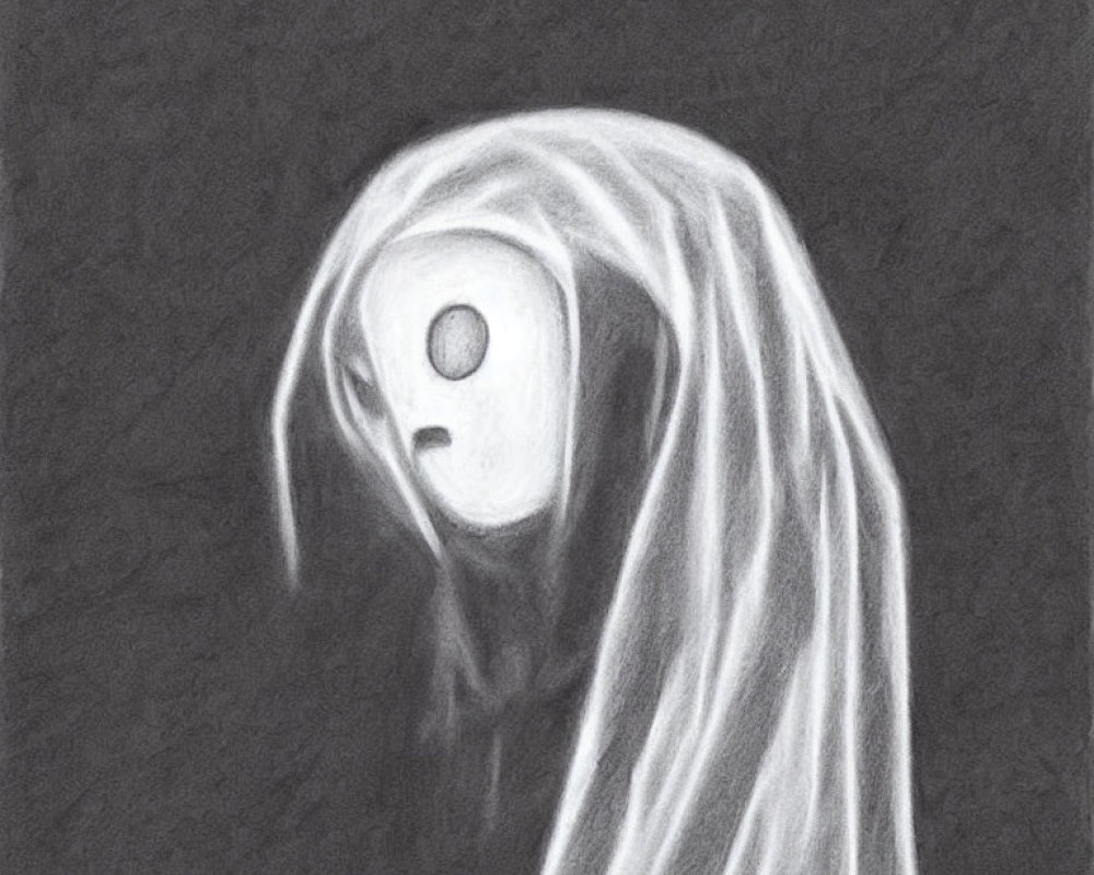 Ghostly Figure Pencil Sketch with Draped Appearance and Eye-like Circle on Dark Background