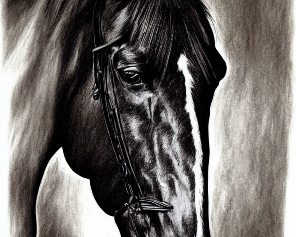 Detailed close-up pencil drawing of a horse with bridle, intricate shading, and strong contrasts