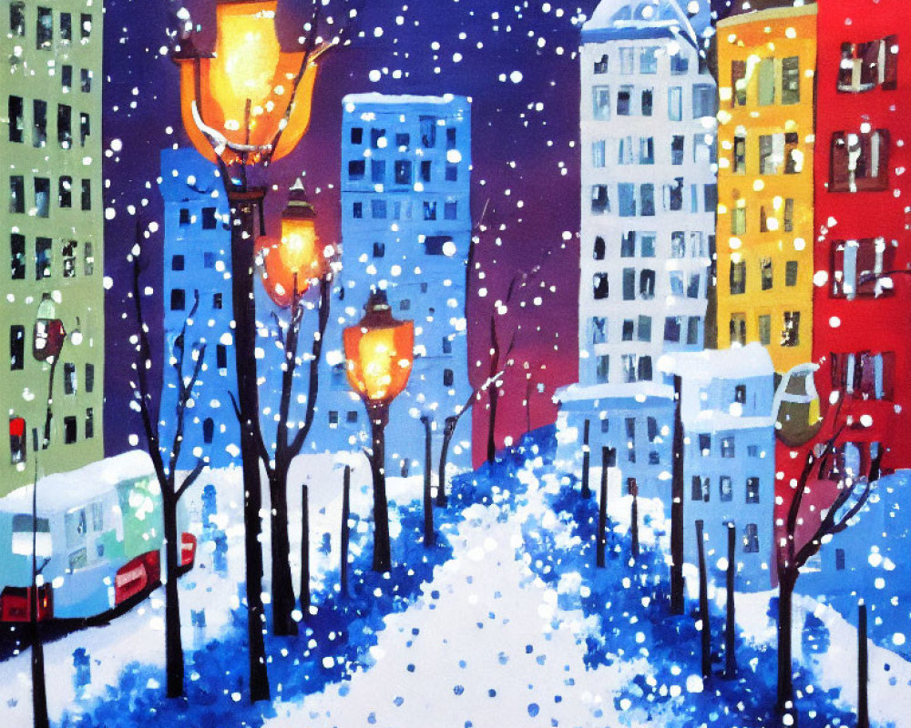 Colorful Snowy City Night Scene with Buildings, Trees, Lamps, Car