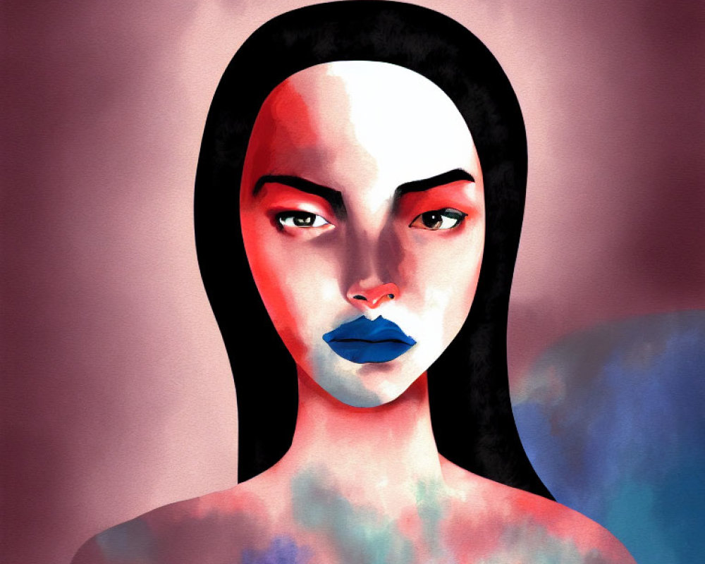 Vibrant female figure with red and blue makeup on abstract background