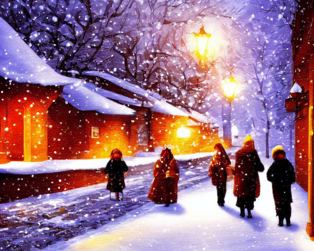 Snow-covered street at dusk with people in warm clothes.