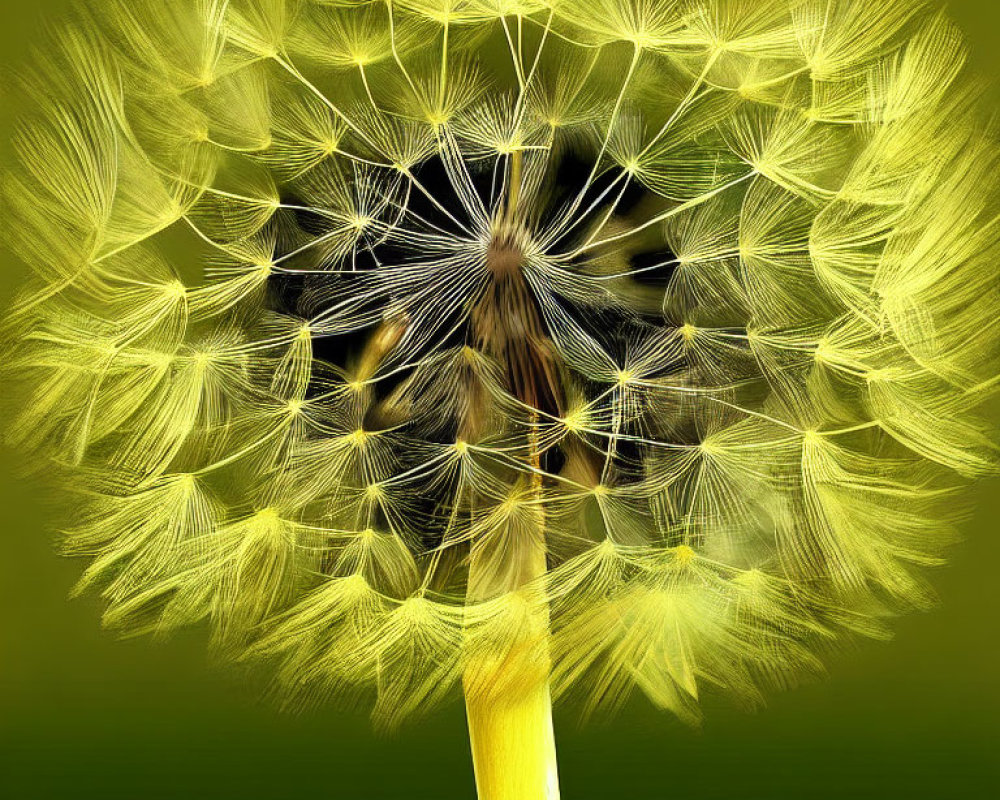 Detailed view of dandelion seed head on green backdrop