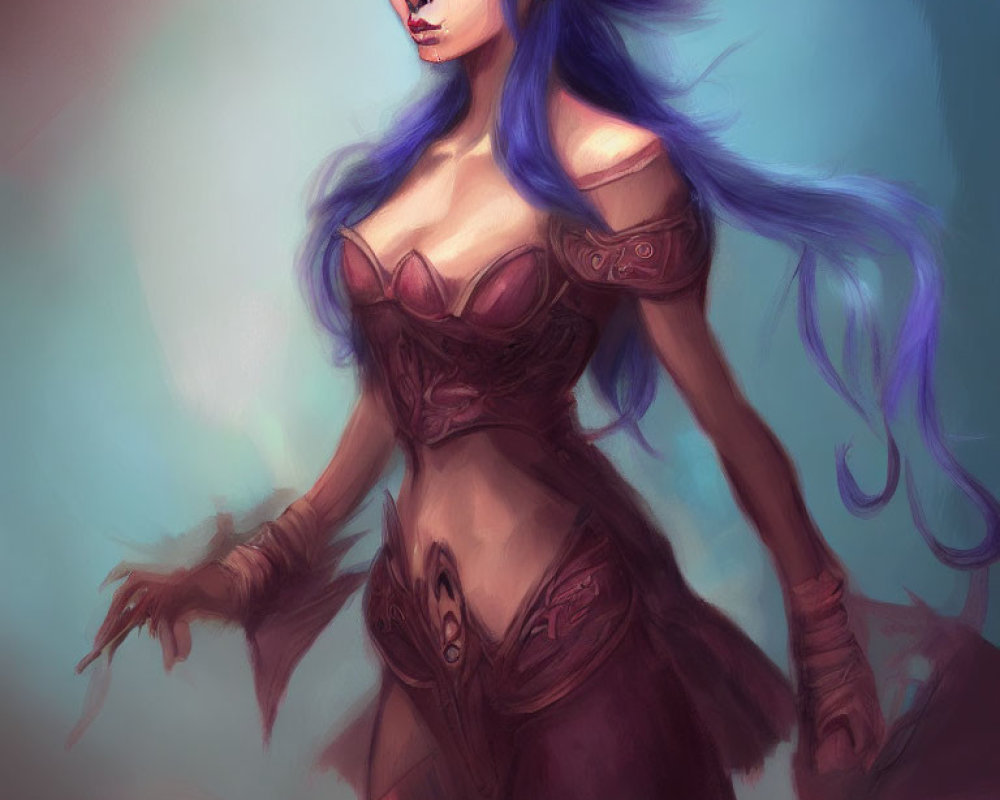 Fantasy Female Character: Blue Hair, Pointed Ears, Purple Skin, Corset & Arm