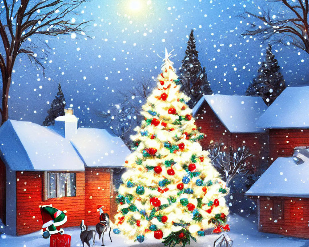 Snow-covered Christmas scene with decorated tree, red-brick houses, and person with dog.