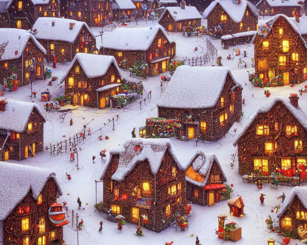 Snow-covered village at night with festive decorations and winter activities