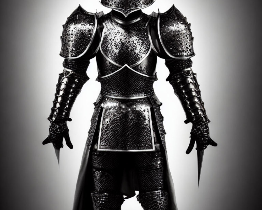 Ornate full-body black medieval armor on gray background